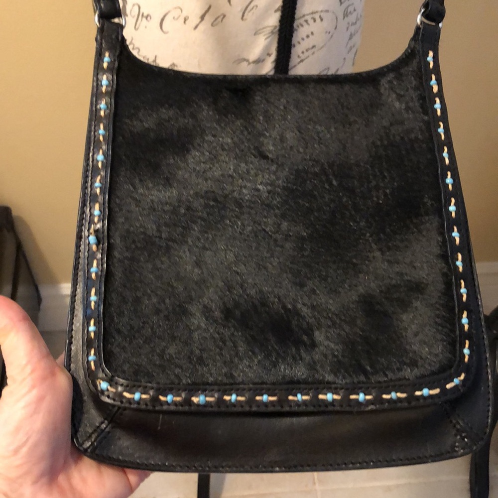 Fossil Bohemian beaded trim leather cow hair front flap front crossbody bag